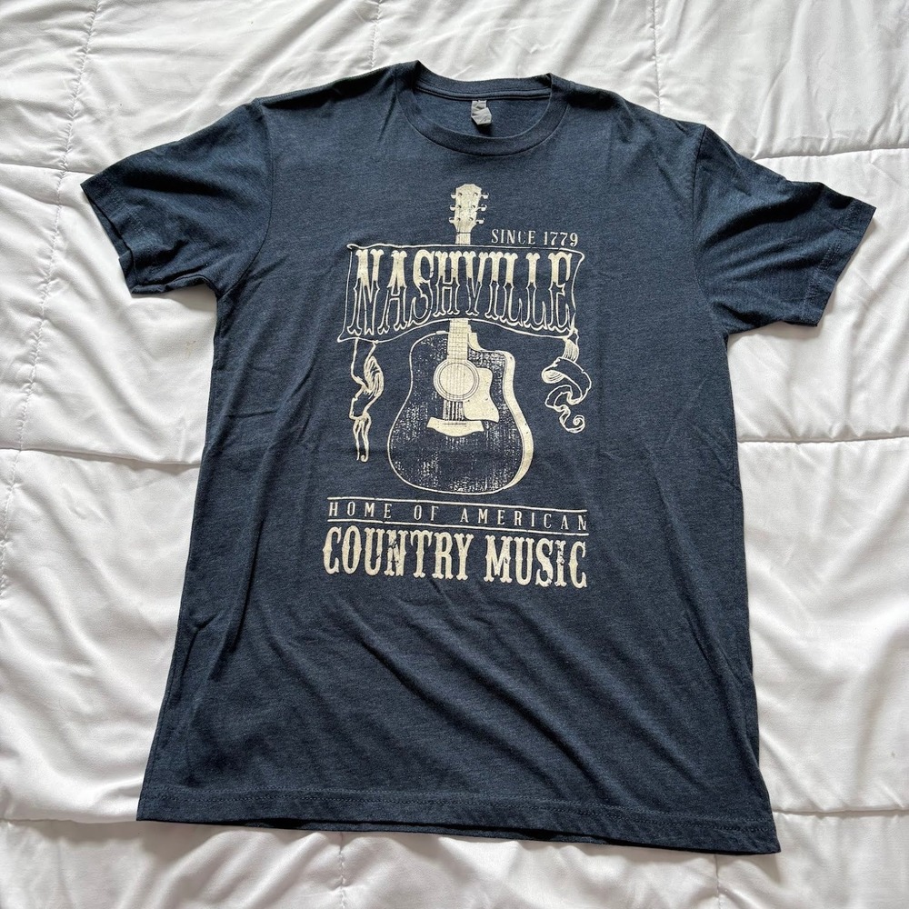 Next Level Nashville Home of American Country Music Graphic T-Shirt Blue Medium